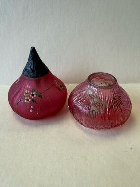 Antique Mt. Washington Fig Shaped Cranberry Glass Salt and Pepper Shakers.